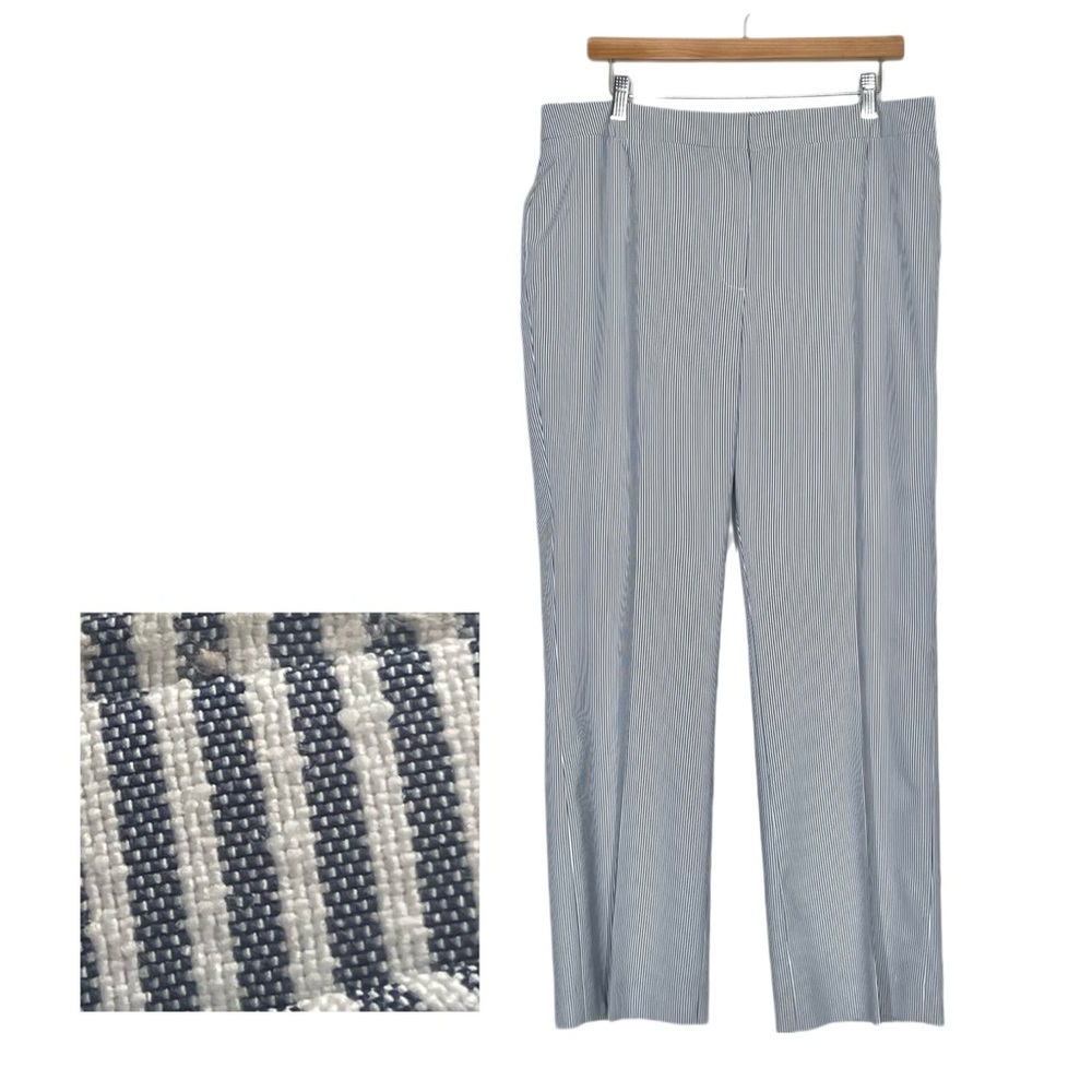 Le Suit Blue White Seersucker Pants Slacks High Rise Flat Front Size 12 Petite